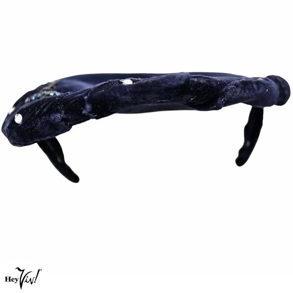 Vintage 1950s Platter Cocktail Hat Blue Velvet w Beads and Rhinestones - Hey Viv - Picture 5 of 7